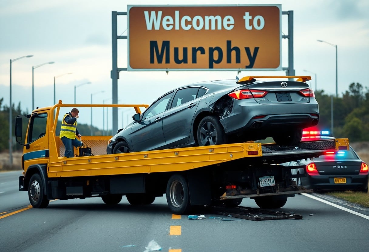 Tow Truck Loading A Vehicle After A Collision For Transport To A Repair Shop